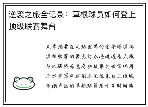 逆袭之旅全记录：草根球员如何登上顶级联赛舞台